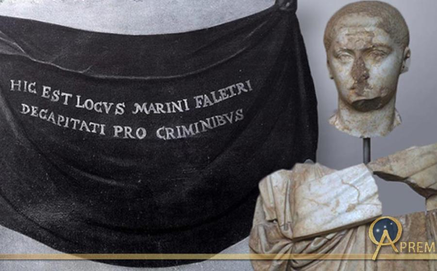 Deriv; Defaced bust of Alexander Severus. The head and bust were mutilated during Antiquity, the memory of the outlawed emperor was to be extinguished and portrait of Marino Faliero, Doge of Venice, painted over, as he was condemned to damnatio memoriae.