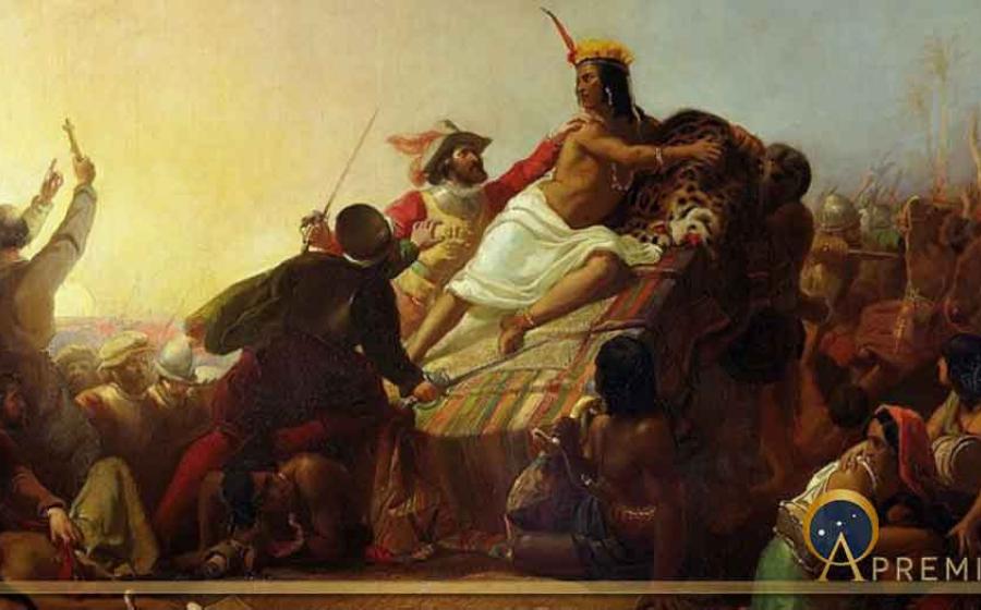 Painting "Pizarro Seizing the Inca of Peru", by John Everett Millais, showing Pizarro in the act of capturing the king of the Inca Atahualpa.                                 Source: Public Domain