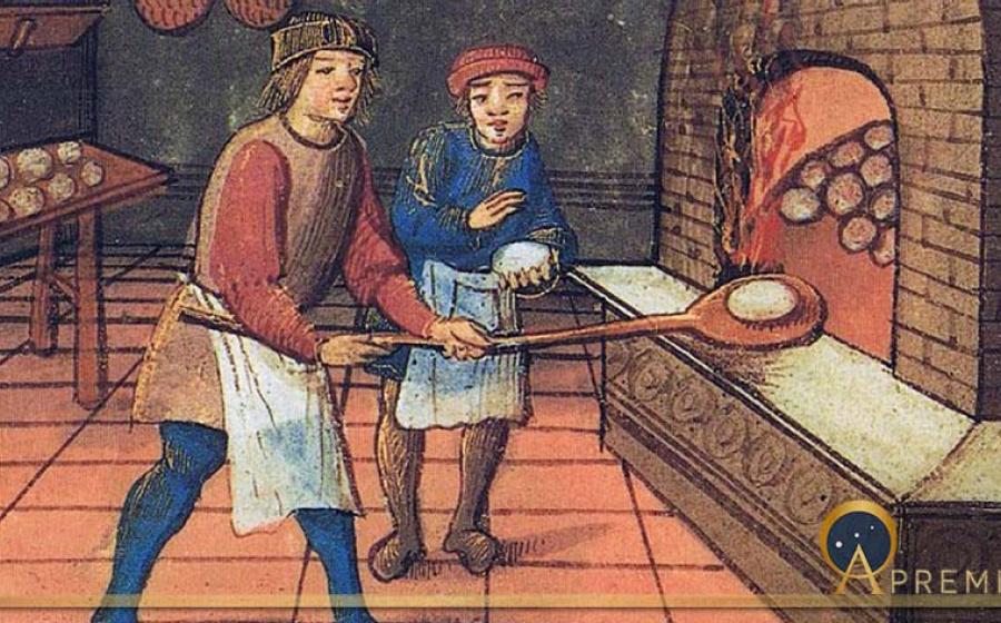 A medieval baker with his apprentice. The Bodleian Library, Oxford. (Public Domain)
