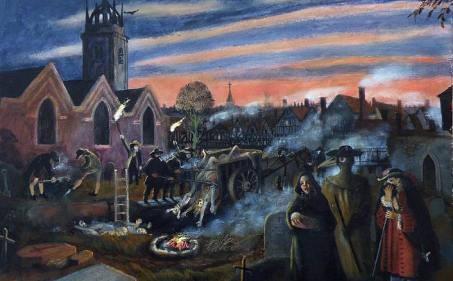 A dramatic scene from the Great Plague of 1665, showing death carts collecting bodies in London streets while fires burn to ward off contagion.