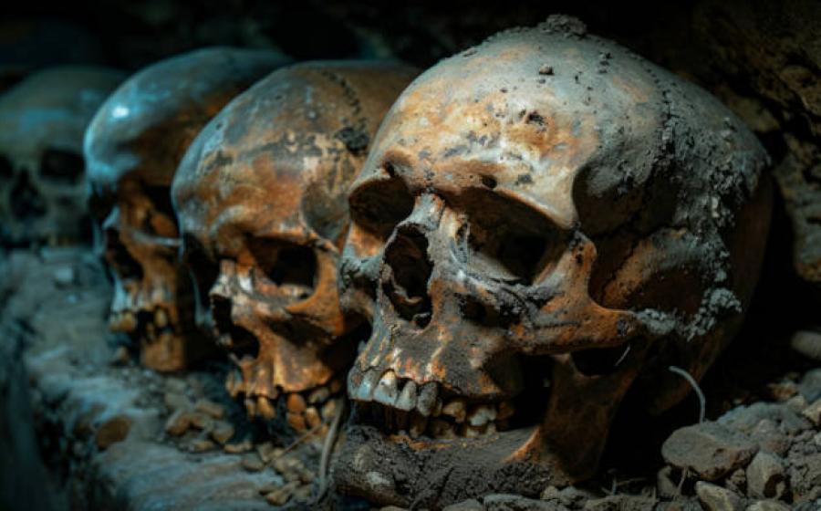Plague victims remains representated by skulls, AI generative