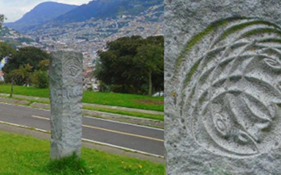 View of Pogačnik’s monolith in Itchimbia Park; close-up of monolith design. Itchimbia Hill actually lies slightly outside the central meridian; behind and to the left you can see El Panecillo, which lies directly on the main energy line. 