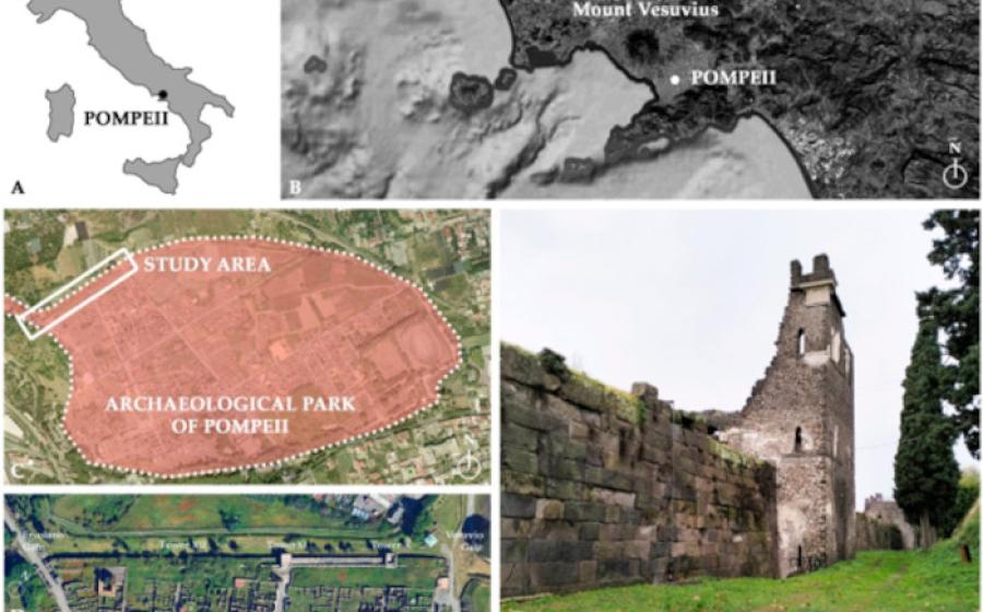 Maps of the site location and wall under study at Pompeii.
