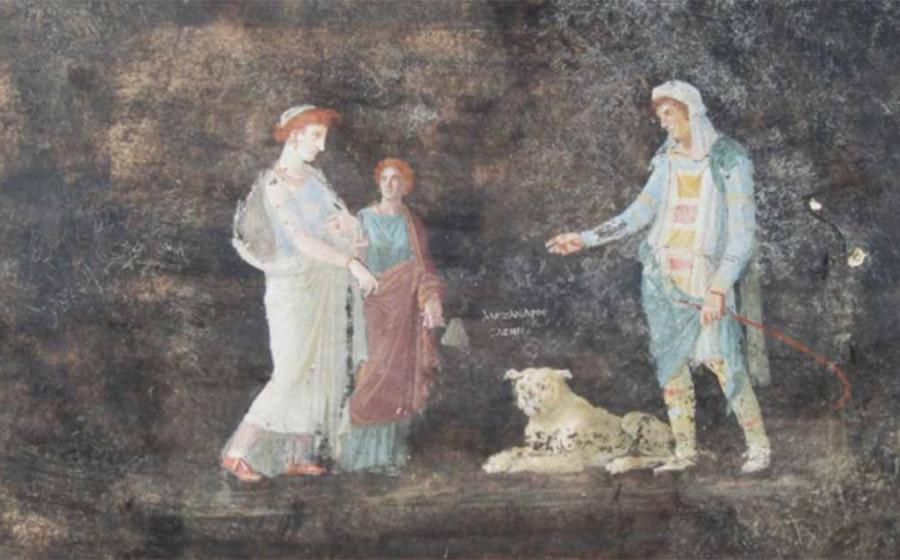 Helen and Paris fresco, indicated in a Greek inscription placed between the two figures with his other name ‘Alexandros’.                Source: Archaeological Park of Pompeii