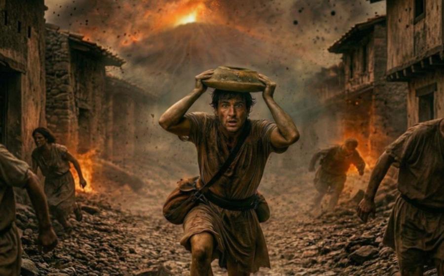 Digital reconstruction of a man moving along a rough path, raising a mortar above his head while debris falls around him.