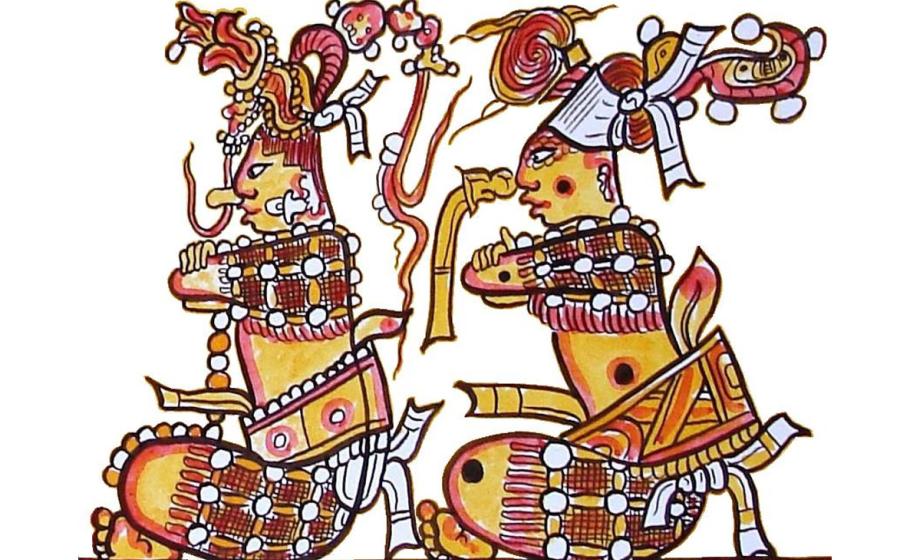 The immolation of the hero twins, known from the Popul Vuh and other narratives, may have been re-enacted in the fifth-century AD Maya city of Tikal. The twins in this image were drawn from an ancient Maya ceramic piece.
