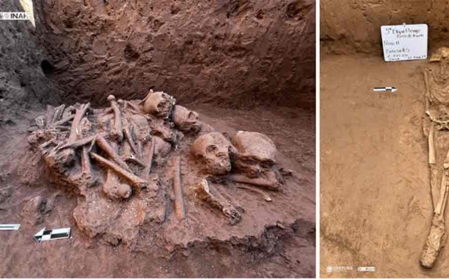Left, stacked bones of pre-Hispanic burial system; Right, complete skeleton. Source:  Claudia Servín Rosas/INAH