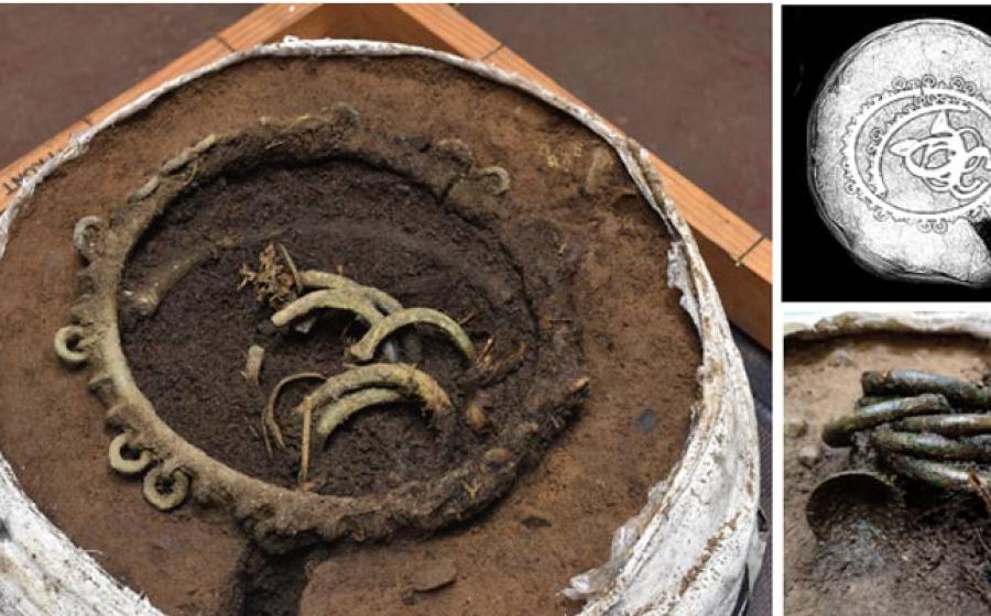 Pre-excavation photograph of hoard prior to excavation in GUARD Archaeology’s Finds Lab; Xray of hoard; Cup-ended penannular bracelet.	Source: GUARD Archaeology