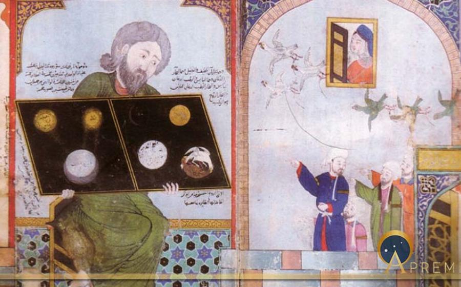 Ibn Umail describes a statue of a sage holding the tablet of ancient alchemical knowledge. Illustration from a transcript of Muhammed ibn Umail al-Tamimi's book Al-mâ' al-waraqî (The Silvery Water), Islamic miniature probably from Baghdad (Public Domain)