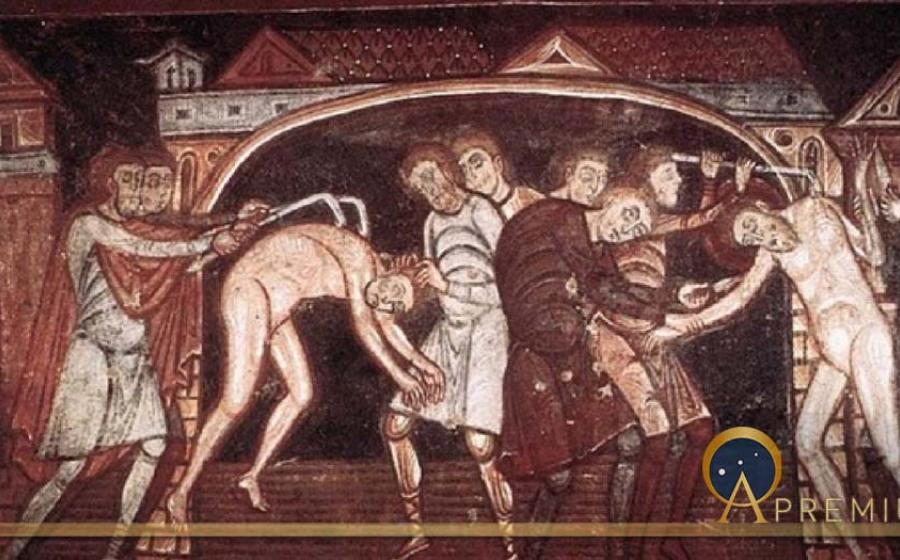 Sts Savinus and Cyprian are tortured (circa 1100) Abbey Church of Saint-Savin-sur-Gartempe (Public Domain)