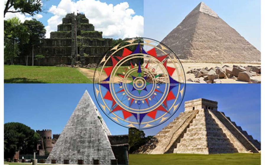 Clockwise from top left - Koh Ker, Cambodia (thomaswanhoff/CC BY SA 2.0), Pyramid of Khafre, Egypt (MusikAnimal/CC BY SA 3.0), El Castillo, Chichén Itzá, Mexico (Grand Velas Riviera Maya/CC BY SA 2.0), Pyramid of Cestius, Italy (Nicholas Laughlin/CC BY NC SA 2.0) Center: Replica of a wind rose from the chart of Jorge de Aguiar, 1492. (Alvesgaspar/CC BY SA 3.0)