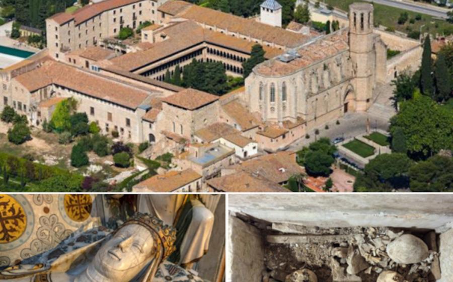 The grand cloister of the Royal Monastery of Santa Maria de Pedralbes in Barcelona, Spain. With Sarcophagus of Queen Elisenda and Tomb of Francesca Saportella below.