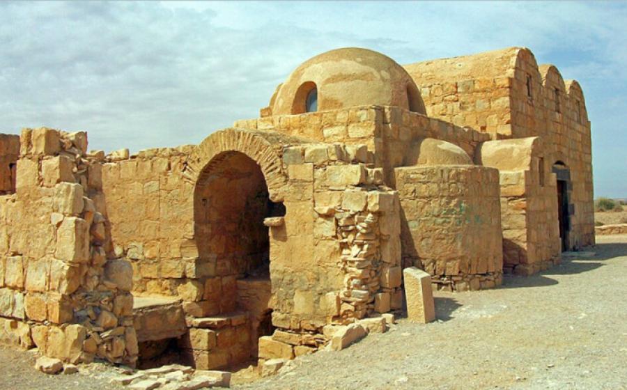 East (front) elevation and portion of south side of Qusayr Amra, Jordan.