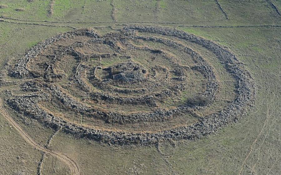 Megalithic stone circles of Rujm el-Hiri in the Golan Heights of Israel, constructed during the Early Bronze Age.