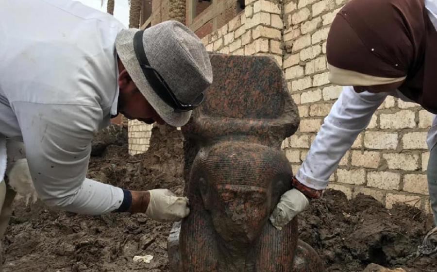 Pink granite statue of Ramses II uncovered in Giza.    Source: Ministry of Antiquities