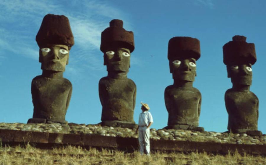 Professor Wallin stood with four of the famous moai statues of Rapa Nui.