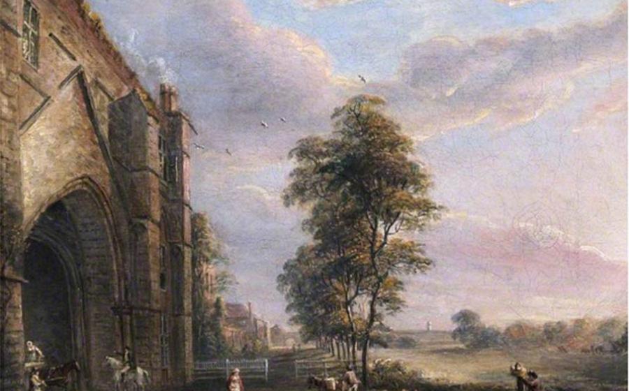 The abbey gateway at the now ruined Reading Abbey in a Paul Sandby oil painting from 1808. Source: Public domain