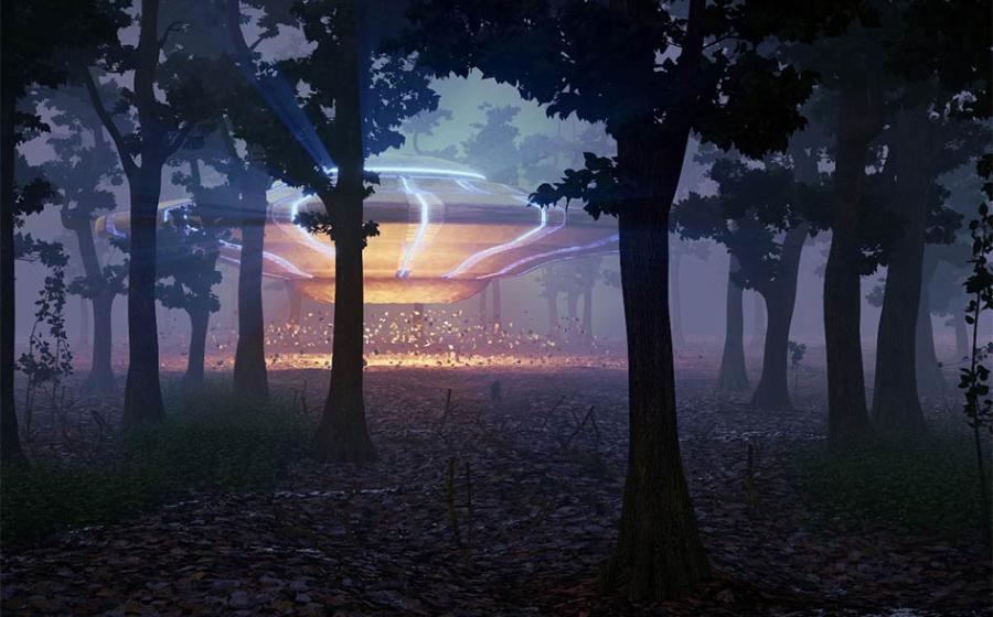 UFO landing in the forest at night: This is the story of the Rendlesham Forest UFO sightings!   Source: dottedyeti / Adobe Stock