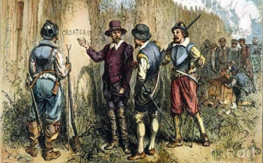 Painting by Englishman John White. Sir Walter Raleigh’s 1590 Expedition to Roanoke Island to find the Lost Colony uncovered 'Croatoan' carved on a tree. This may be in reference to the Croatan island or people. Source: John White / Public domain