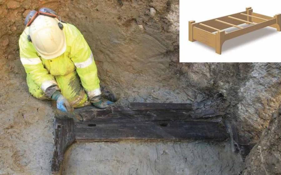 The Roman funerary bed during excavations in London and a reconstruction of the bed. Source: MOLA