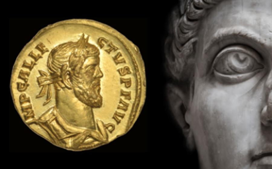 Main: Roman Emperor (neurobite / Adobe Stock) Inset: Rare Roman gold discovered in Kent, England Credit: Dix Noonan Webb