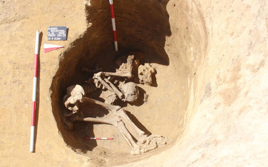 Excavation of a probable Roman soldier buried in a shallow pit within the Roman marching camp discovered near Šurany, Slovakia.