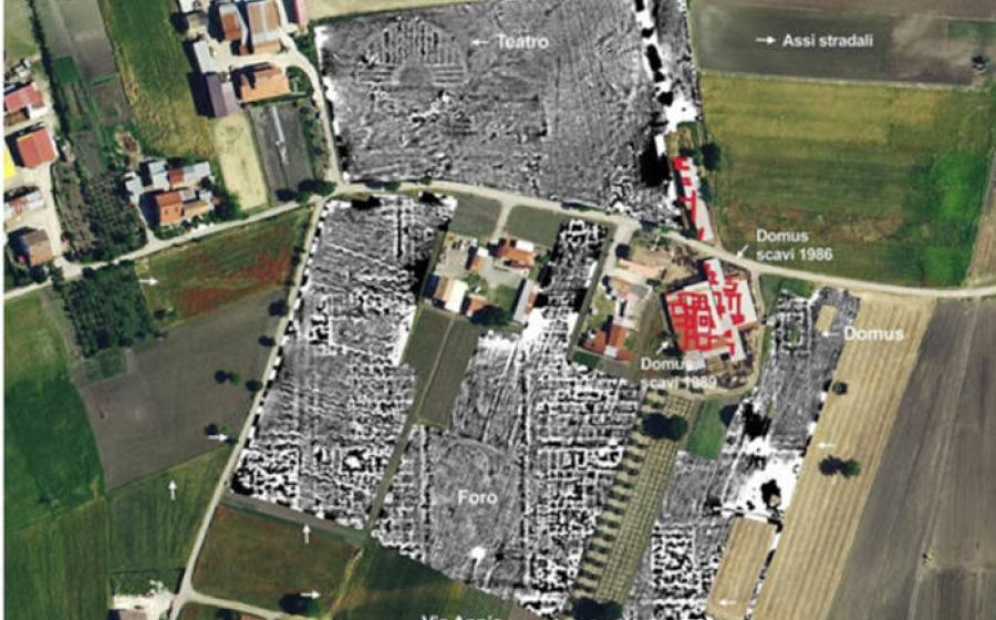 Orthophoto and magnetic survey map showing the newly identified forum and theater structures at Fioccaglia.