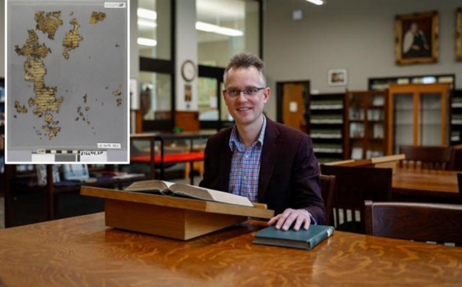 University of Cincinnati Assistant Professor Matthijs Wibier in the UC Classics library, with inset, the Roman Law parchment