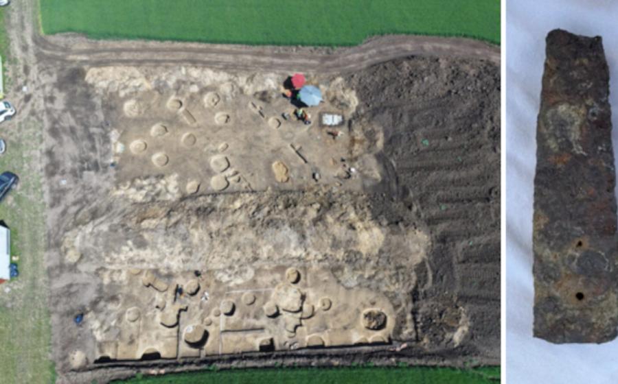 Left; Aerial view of the excavation site along the planned Moravian Gate high-speed railway route, Right; The 2,000-year-old Roman calibration plate.