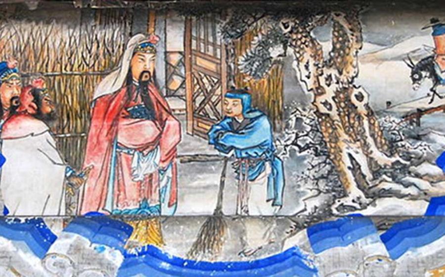 "Three visits to the thatched cottage" (三顧茅廬), the second visit is depicted here. Portrait at the Long Corridor of the Summer Palace, Beijing. This is a scene from the Romance of the Three Kingdoms.