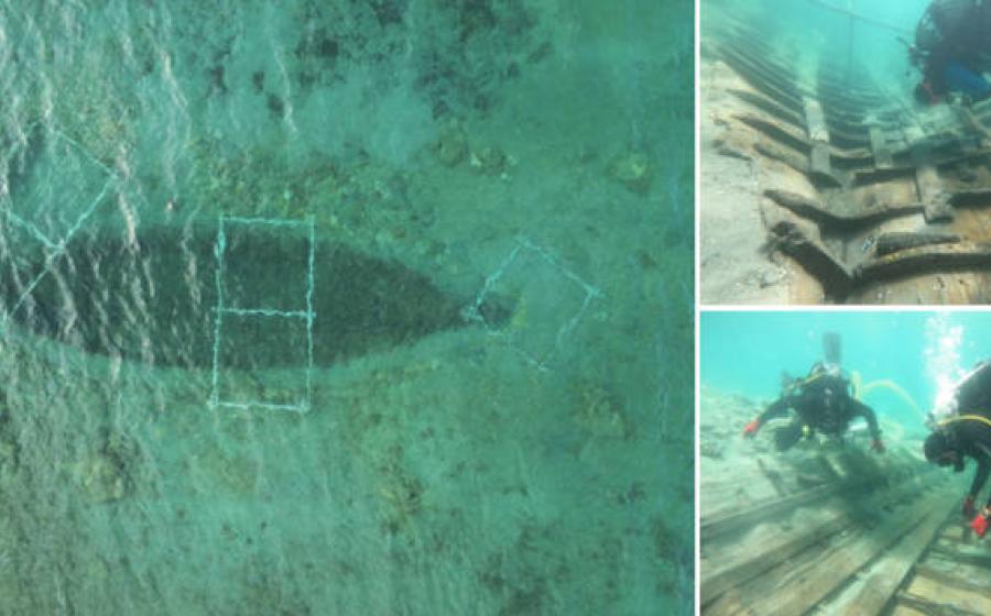 Aerial image of the wreck, and images of marine archaeologists at the wreck.