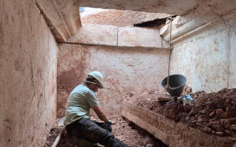 Archaeologists excavating Albania's first monumental Roman tomb.