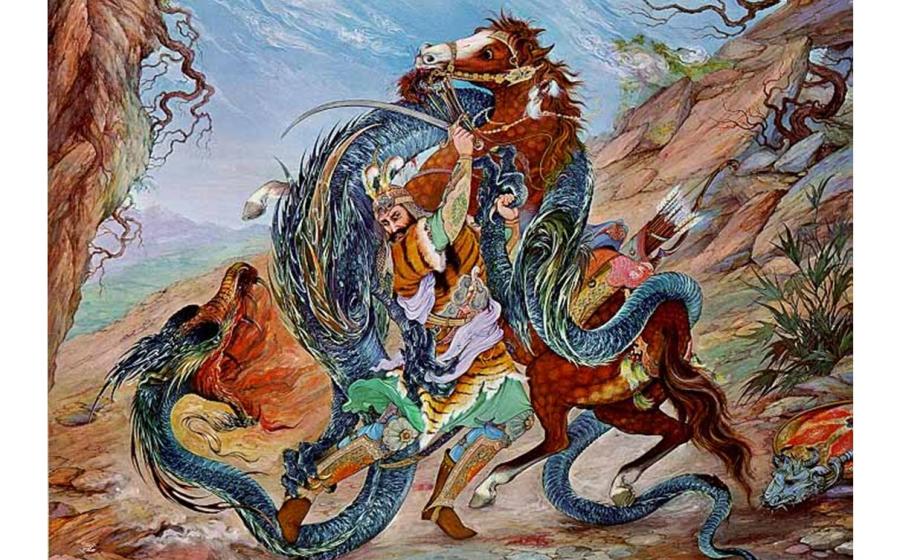 Rostam the hero fighting the Dragon in the Seven Quests of Rostam. Iranian miniature illustration from Shahnameh 