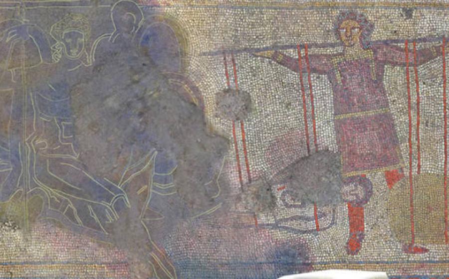 Panel three of the Rutland Mosaic showing King Priam loading scales to match the weight of his son Hector