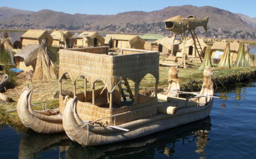 Picture of a reed boat at the Floating Islands, on Lake Titicaca.