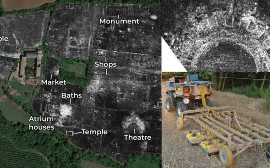 A slice of ground penetrating radar data from Falerii Novi, revealing the outlines of the town’s buildings; Falerii Novi temple; GPR system.            Source: L. Verdonck / Antiquity Publications