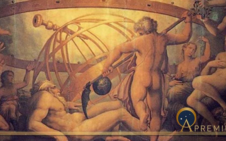 The Mutilation of Uranus by Saturn: fresco by Giorgio Vasari and Cristofano Gherardi. (1560) Sala di Cosimo I, Palazzo Vecchio (Public Domain)