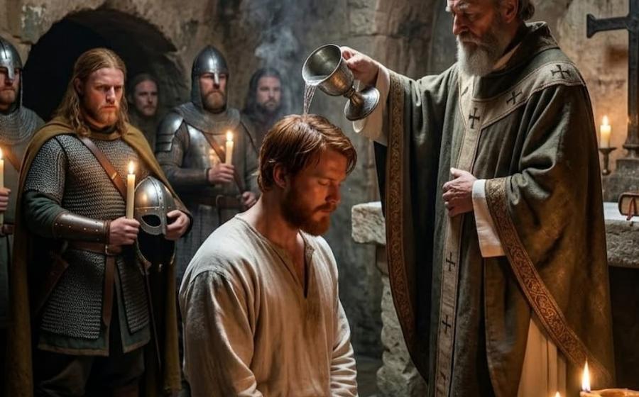 Olaf Haraldsson's solemn baptism in an ancient Rouen crypt. He kneels as an elderly bishop pours sacred water, a moment of profound transformation. Loyal Viking and Norman warriors witness the shift from a warrior's sword to a Christian's cross.