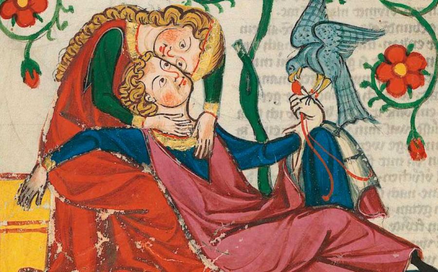 Saint Valentine is today associated with lovers. Here, lovers shown in the Medieval Miniature from the Codex Manesse. Source: Public Domain