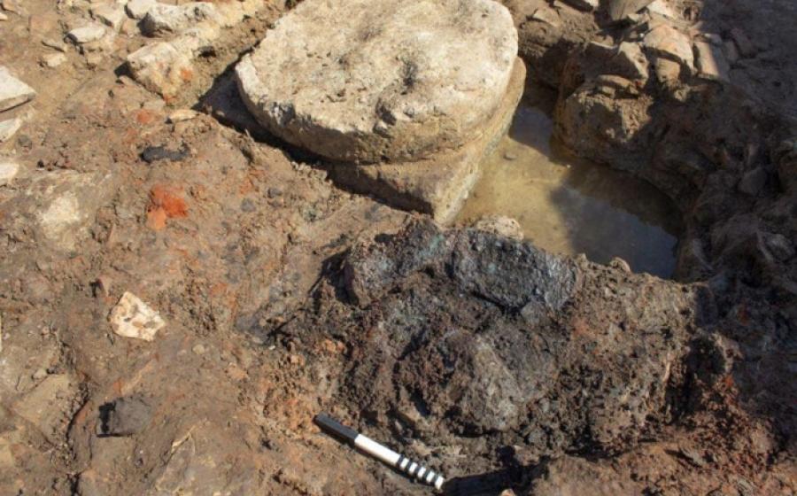 Close-up of the charred bronze sheets found at the Samikon temple excavation