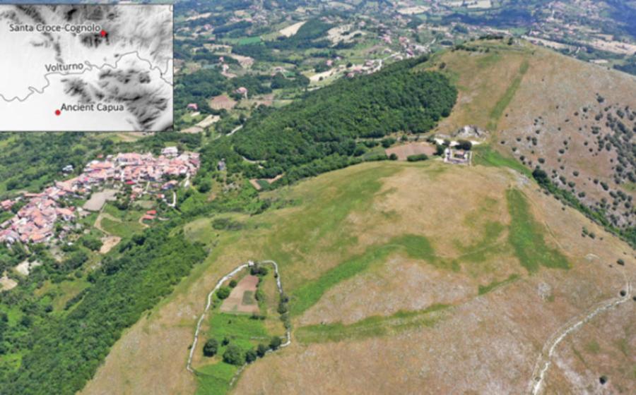 Aerial view of Monte Cognolo plateau (foreground) and Santa Croce summit (background).