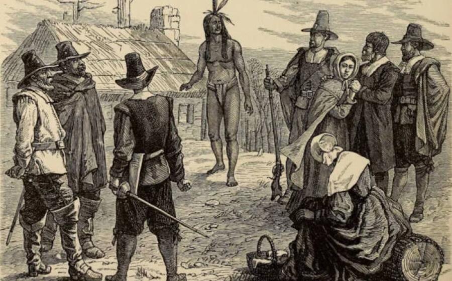 Artistic representation of Samoset's historic first meeting with Plymouth colonists.