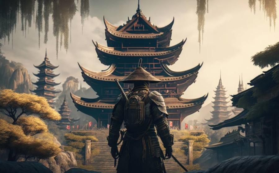Samurai and oriental temple in the background, samurai with armor, Generative AI Source: Kaleb/Adobe Stock 
