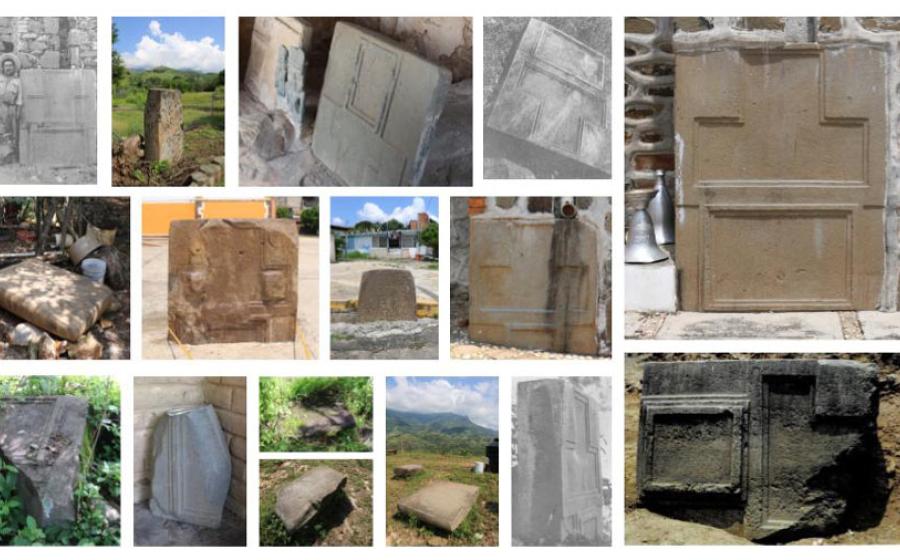 A photo composition of the nearly 14 known megalithic stone slabs from the site of San Miguel Ixtapan. 	Source: Marco M. Vigato