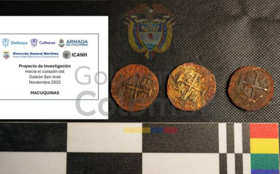 Three gold coins recovered from the San Jose wreck site.