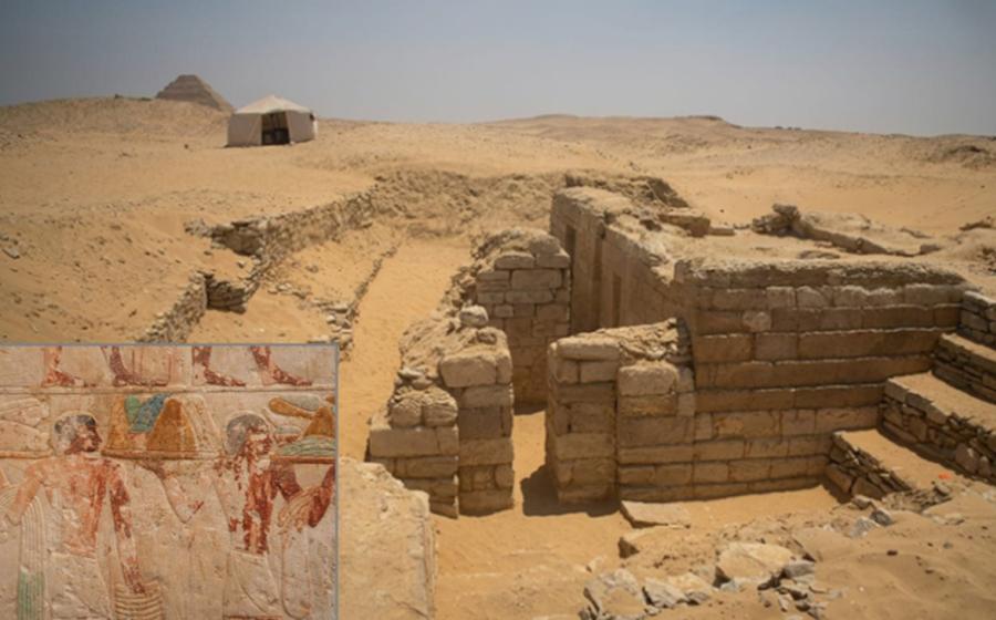  The Fifth-Dynasty mastaba tomb found at Saqqara in 2026, with inset, one of the painted reliefs.  