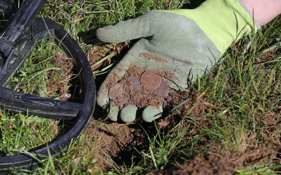 A metal detectorist finds coins (representational image). Credit: sablin / Adobe Stock