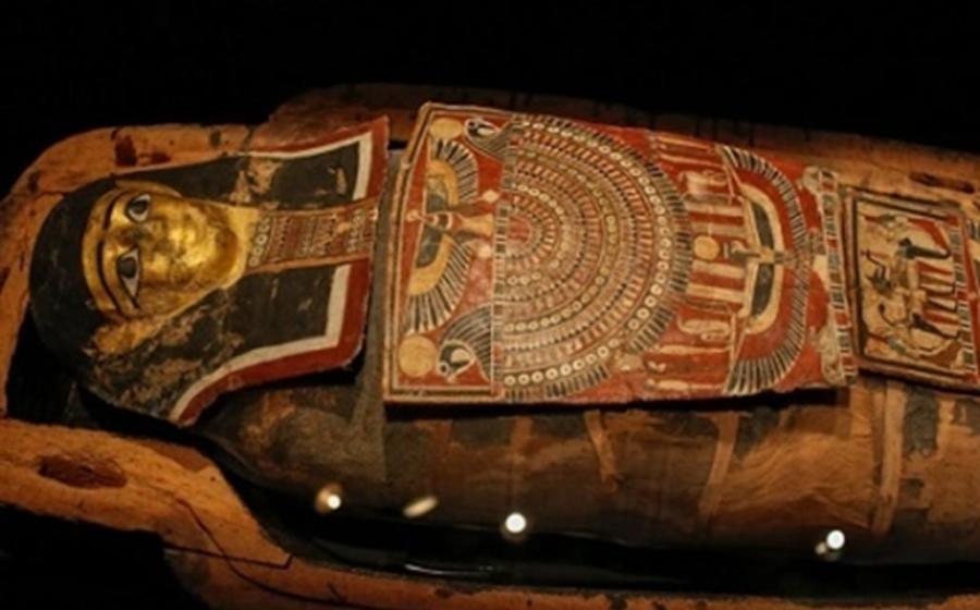 The embellished mummy case containing the remains of the priest Iret-hor-iru 