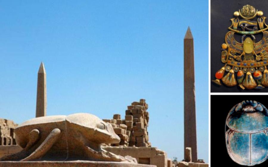 Colossal scarab beetle sculpture at Karnak; Winged scarab of Tutankhamun ;  Steatite lion hunt scarab of Amenhotep III 