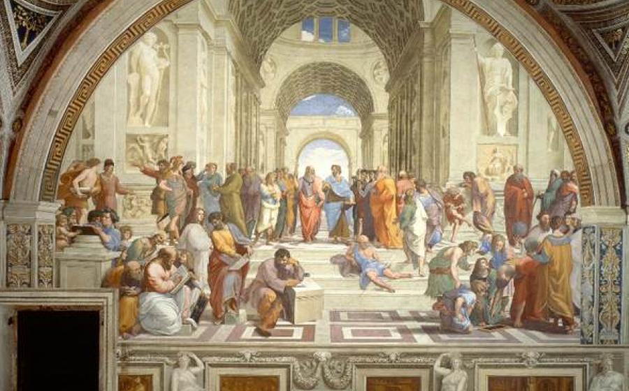 School of Athens, Aristotle depicted in the center of the painting, to the right of Plato